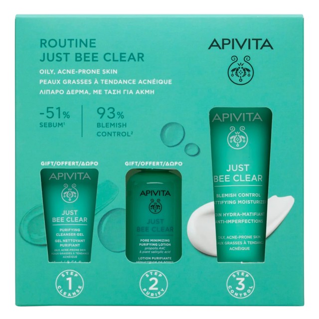 Apivita Promo Just Bee Clear Cream - Κρέμα Προσώπου Κατά Των Ατελειών Για Ενυδάτωση & Ματ Αποτέλεσμα, 40ml + Δώρο Gel καθαρισμού 15ml & Λοσιόν Σύσφιξης Πόρων, 50ml