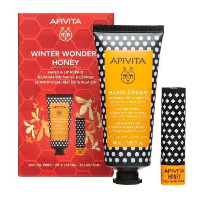 Apivita Winter Wonders Honey Hand & Lip Repair Κρέμα Χεριών με Υαλουρονικό Οξύ & Μέλι 50 ml + Lip Care Μέλι 4.4 gr