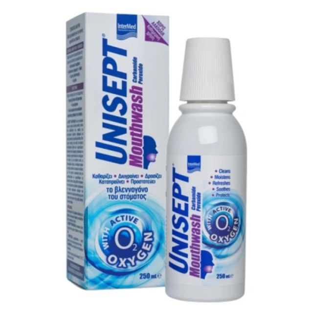 Intermed Unisept Mouthwash με Αντιμικροβιακή, Καθαριστική, Επουλωτική, Ανακουφιστική Δράση 250ml
